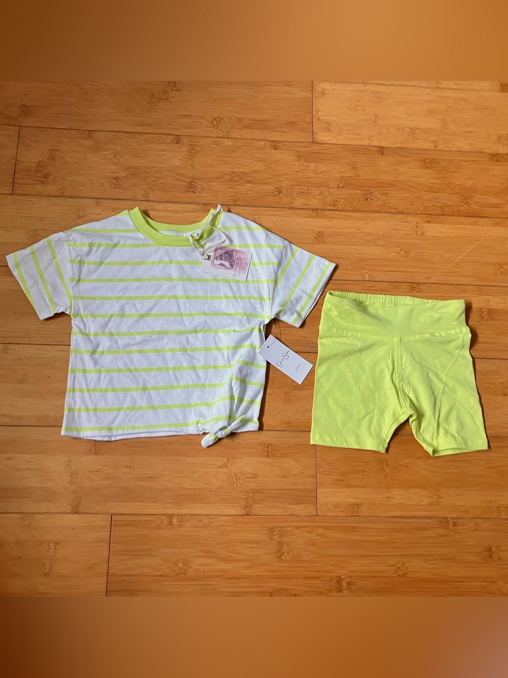 NWT Girls Size 4T Outfit - Neon Lime Striped Tee with Neon Line Bike Shorts Set